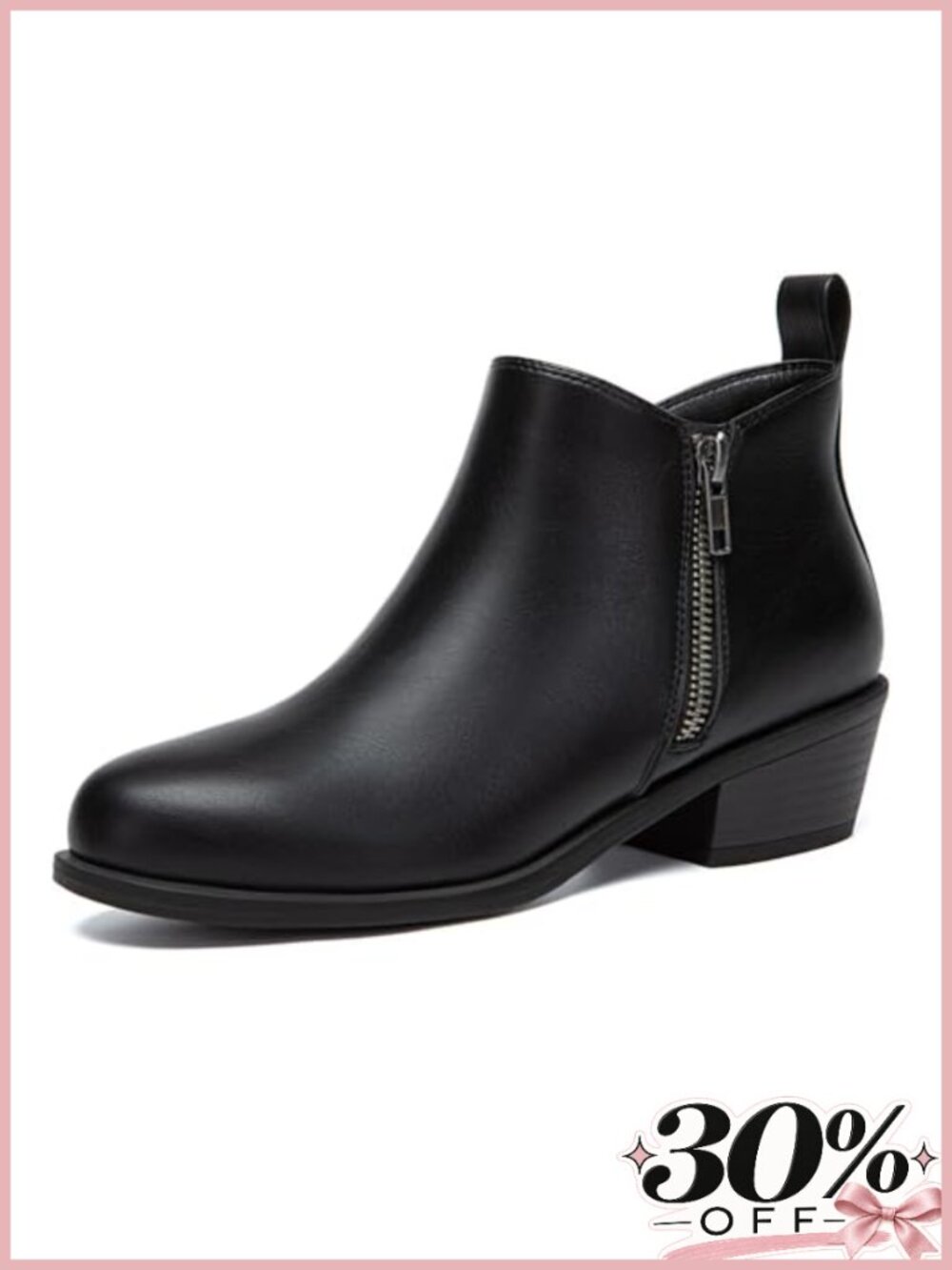 Women's Chunky Low Heel Ankle Booties Side Zipper Almond Toe PU Leather